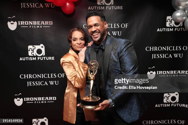 Jasmine Guy and Zane Hubbard celebrate Jasmine Guy's Emmy win on the red carpet at The Bixby + Barlow Building on January 06, 2024 in Los Angeles,...