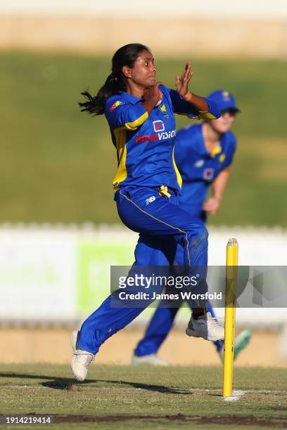 Jannatul Sumona of the ACT bowling her spin during the WNCL match between Western Australia and ACT at WACA, on January 07 in Perth, Australia.