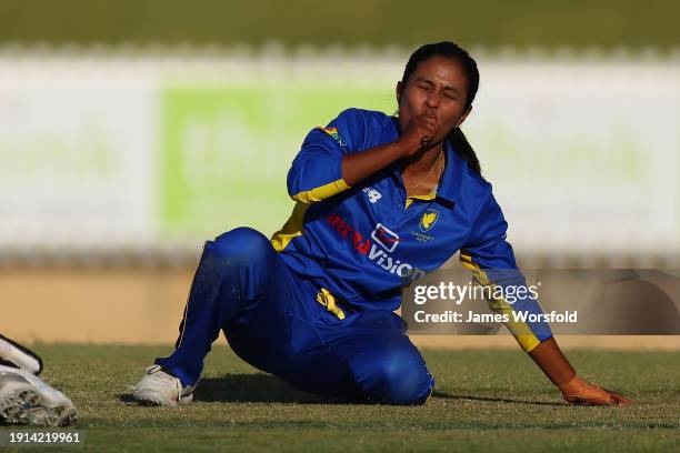 Jannatul Sumona of the ACT reacts after her bowling during the WNCL match between Western Australia and ACT at WACA, on January 07 in Perth,...