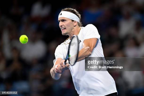 Alexander Zverev of Germany plays a backhand in his final match against Hubert Hurkacz of Poland during the 2024 United Cup at Ken Rosewall Arena on...