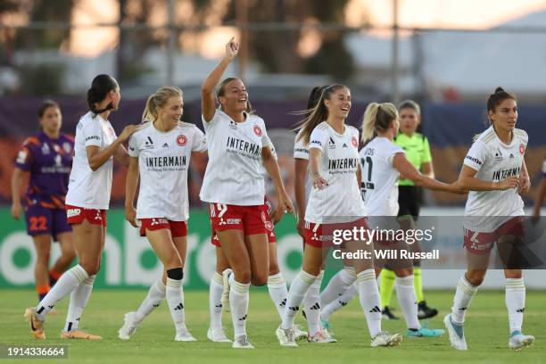 Sophie Harding of the Wanderers celebrates with team mates after scoring a goal during the A-League Women round 11 match between Perth Glory and...