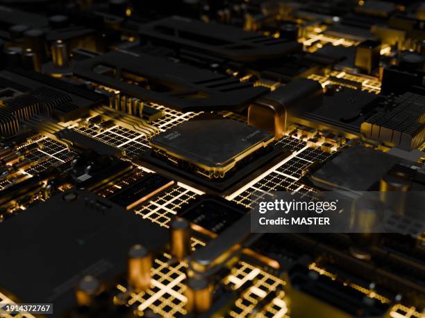 quantum semiconductor cpu on motherboard with yellow sci fi environment - bit photos et images de collection