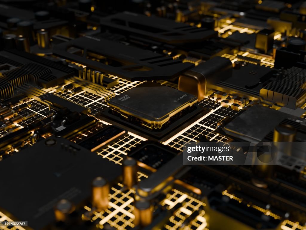 Quantum semiconductor CPU on motherboard with yellow sci fi environment