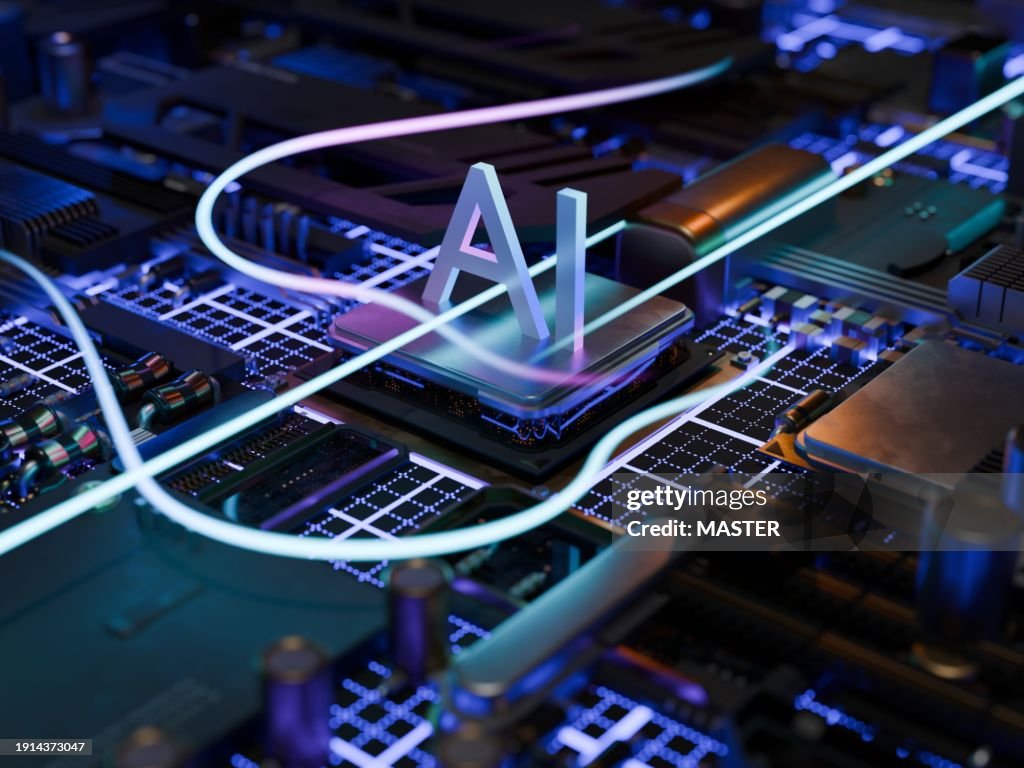 Artificial Intelligence processor unit. Powerful Quantum AI component on PCB motherboard with data transfers