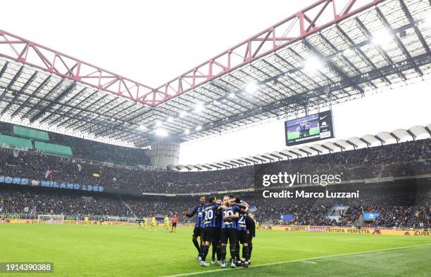 Lautaro Martinez of FC Internazionale celebrates with his team-mate Henrikh Mkhitaryan after scoring his team's first goal during the Serie A TIM...