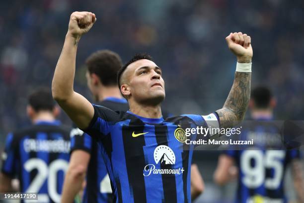 Lautaro Martinez of FC Internazionale celebrates after scoring his team's first goal during the Serie A TIM match between FC Internazionale and...