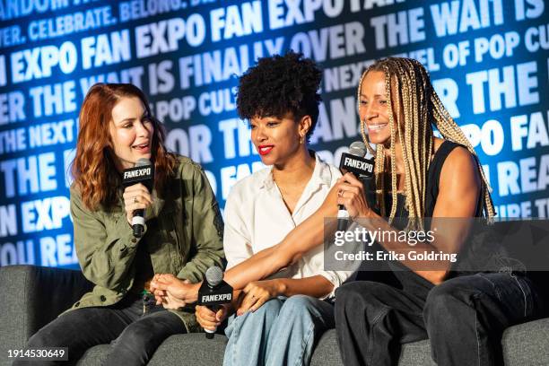 Felicia Day, Sonequa Martin Green and Michelle Hurd attend the Women of Sci-Fi panel during 2024 FAN EXPO at Ernest N. Morial Convention Center on...