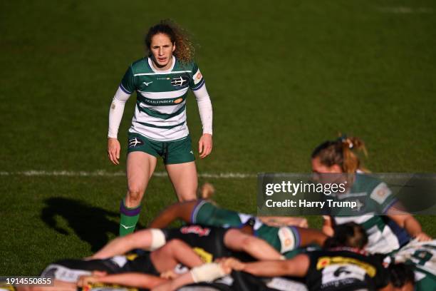 Abby Dow looks on during a scrum during the Allianz Premiership Women's Rugby match between Exeter Chiefs and Trailfinders Women at Sandy Park on...