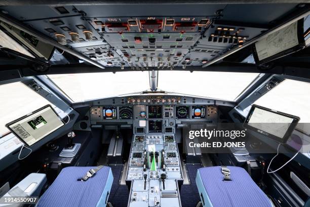 This general view shows the cockpit aboard an Airbus A320neo aircraft during a delivery event to low-cost carrier Transavia, in Toulouse,...