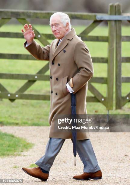 King Charles III attends the Sunday service at the Church of St Mary Magdalene on the Sandringham estate on January 7, 2024 in Sandringham, England.