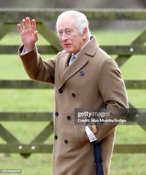 King Charles III attends the Sunday service at the Church of St Mary Magdalene on the Sandringham estate on January 7, 2024 in Sandringham, England.