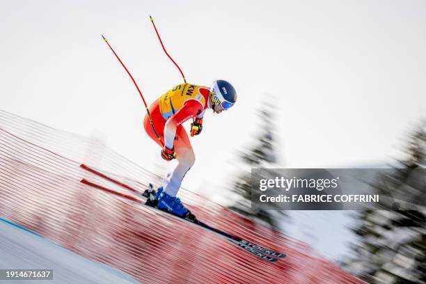 Switzerland's Marco Kohler takes part in the Men's Downhill training session of the FIS Alpine Ski World Cup in Wengen, on January 10, 2024.