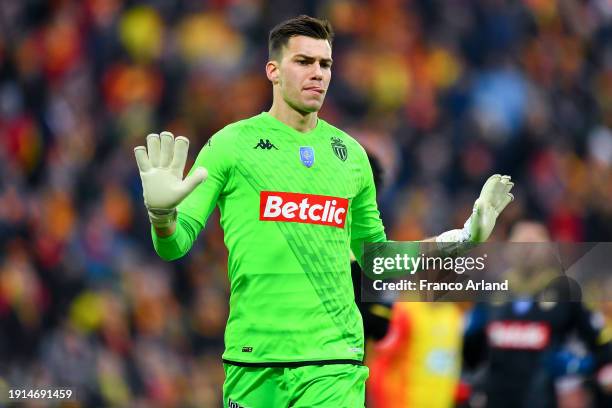 Radoslaw Majecki of Monaco looks on during the French Cup match between RC Lens and AS Monaco at Stade Bollaert-Delelis on January 07, 2024 in Lens,...