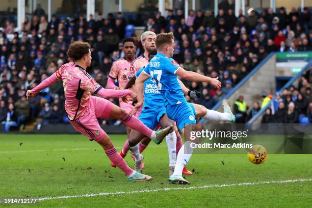 Ethan Ampadu of Leeds United scores his team's first goal during the Emirates FA Cup Third Round match between Peterborough United and Leeds United...