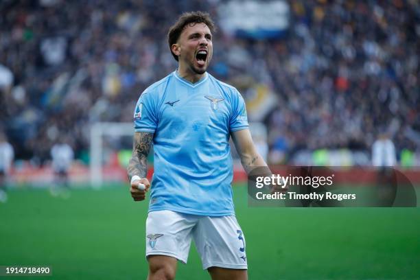 Luca Pellegrini of Lazio celebrates scoring a goal during the Serie A TIM match between Udinese Calcio and SS Lazio at Bluenergy Stadium on January...