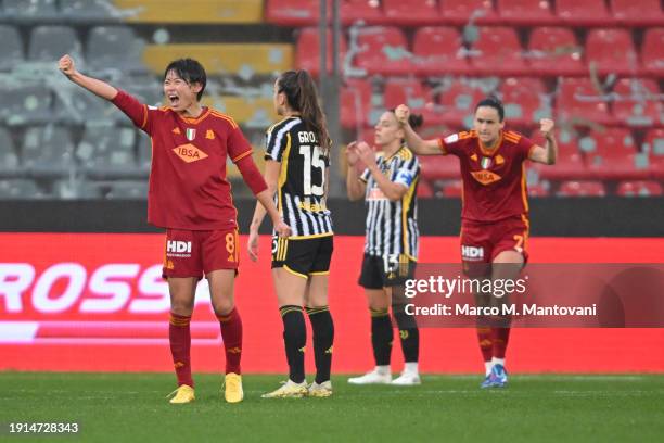 Saki Kumagai of AS Roma Women celebrates after scoring the 1-0 goal during the Italian Women Super Cup at Stadio Giovanni Zini on January 07, 2024 in...