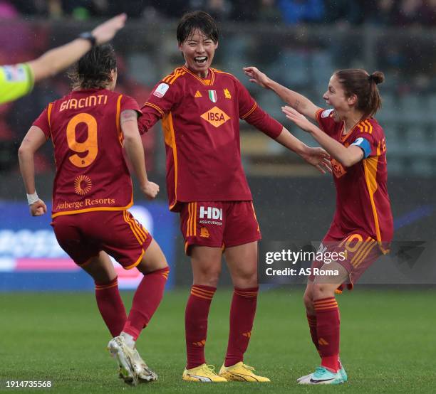 Saki Kumagai of AS Roma celebrates her goal with Manuela Giugliano and Valentina Giacinti during the Italian Women Super Cup match between AS Roma...
