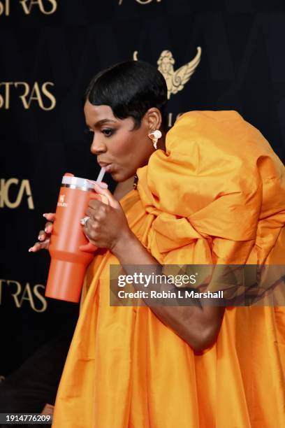 Fantasia Barrino takes a sip from her Stanley cup at the 2024 Astra Film Awards at Biltmore Los Angeles on January 06, 2024 in Los Angeles,...