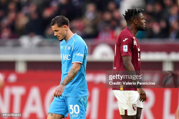 Pasquale Mazzocchi of SSC Napoli looks dejected as he leaves the pitch after being shown a red card during the Serie A TIM match between Torino FC...