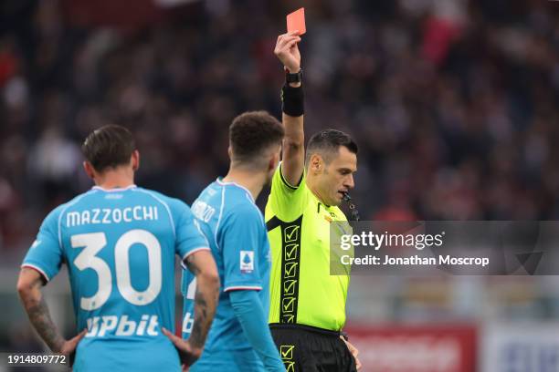 Pasquale Mazzocchi of SSC Napoli is shown a red card by the Referee Maurizio Marianijust 4 minutes into his debut during the Serie A TIM match...