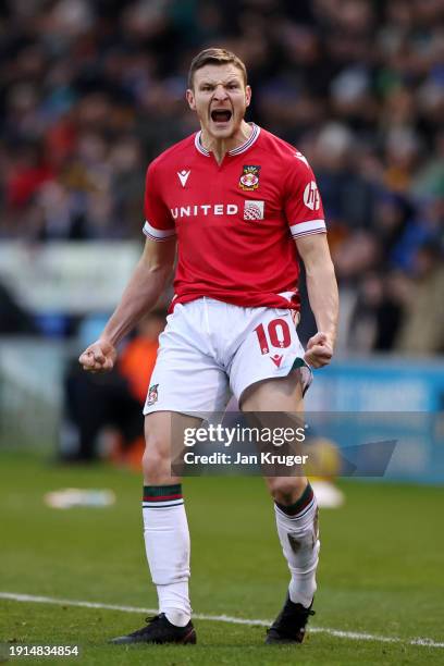 Paul Mullin of Wrexham reacts during the Emirates FA Cup Third Round match between Shrewsbury Town and Wrexham at New Meadow on January 07, 2024 in...