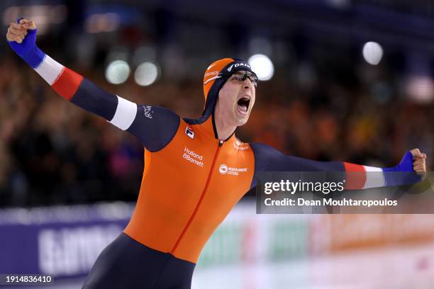 Jenning De Boo of Netherlands celebrates after he competes in the 500m Men race during the ISU European Speed Skating Championships at Thialf Arena...