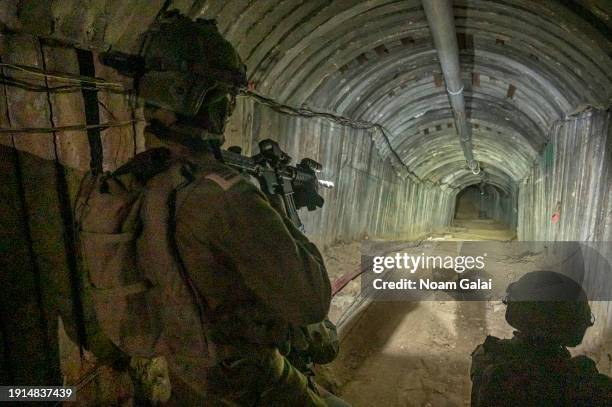 An Israeli soldier secures a tunnel that Hamas reportedly used on October 7th to attack Israel through the Erez border crossing on January 07, 2024...
