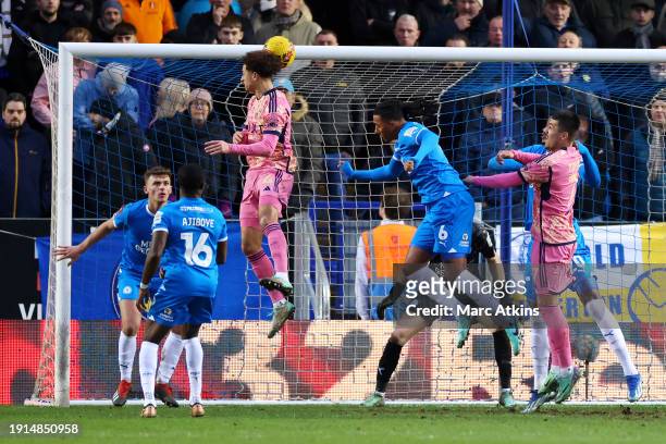 Ethan Ampadu of Leeds United scores his team's third goal during the Emirates FA Cup Third Round match between Peterborough United and Leeds United...