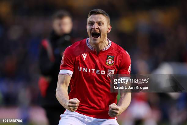 Paul Mullin of Wrexham celebrates after the Emirates FA Cup Third Round match between Shrewsbury Town and Wrexham at New Meadow on January 07, 2024...