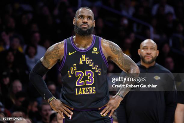 Los Angeles, CA, Tuesday, January 9, 2024 - Los Angeles Lakers forward LeBron James looks on during a break in the action against the Toronto Raptors...