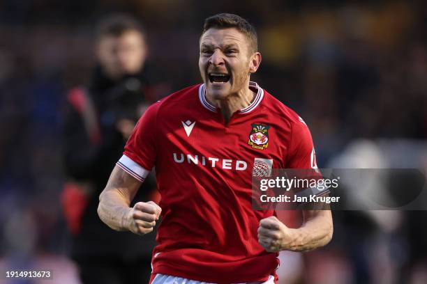 Paul Mullin of Wrexham celebrates the win at the final whistle during the Emirates FA Cup Third Round match between Shrewsbury Town and Wrexham at...