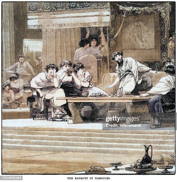 old engraved illustration of banquet of damocles - damocles, a courtier in the court of dionysius i of syracuse, a ruler of syracuse, sicily, magna graecia, during the classical greek era - ancient greek culture stock pictures, royalty-free photos & images