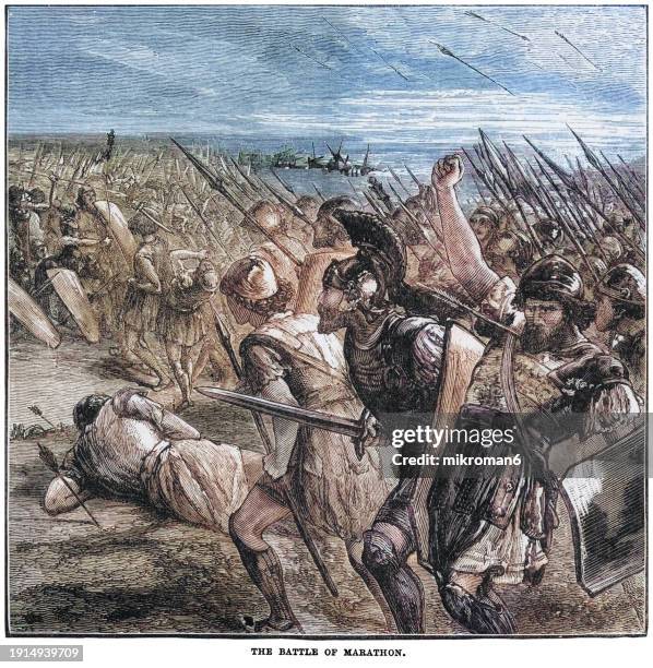 old engraved illustration of the battle of marathon (490 bc) first persian invasion of greece - schlacht stock-fotos und bilder