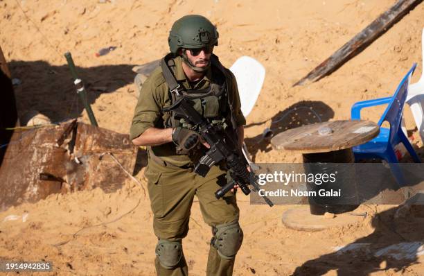 An Israeli soldier exits a tunnel that Hamas reportedly used on October 7th to attack Israel through the Erez border crossing on January 07, 2024 in...