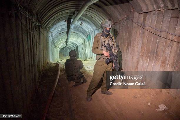 Israeli soldiers secure a tunnel that Hamas reportedly used on October 7th to attack Israel through the Erez border crossing on January 07, 2024 in...