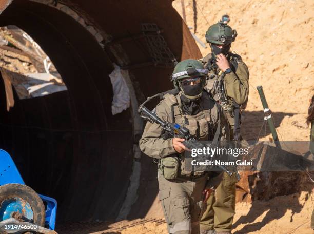 Israeli soldiers exit a tunnel that Hamas reportedly used on October 7th to attack Israel through the Erez border crossing on January 07, 2024 in...