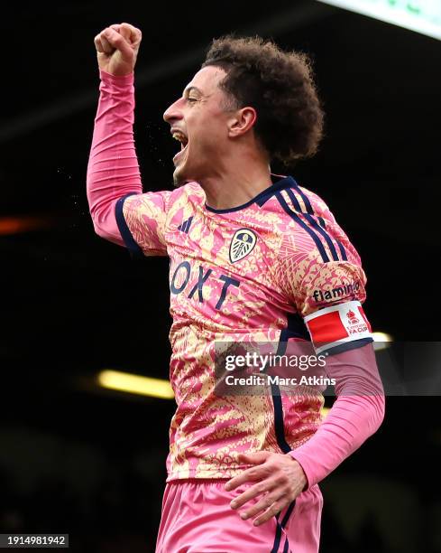 Ethan Ampadu of Leeds United celebrates scoring his team's first goal during the Emirates FA Cup Third Round match between Peterborough United and...