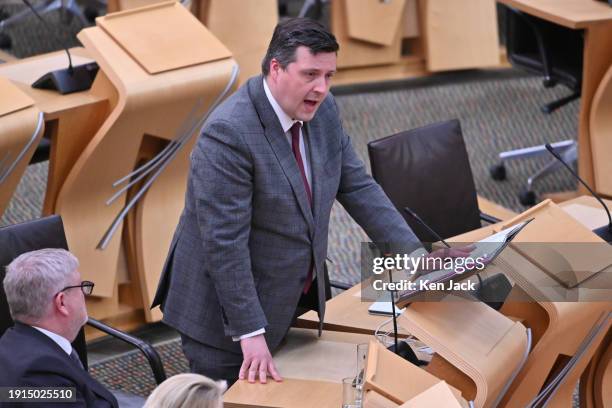 Minister for Independence Jamie Hepburn speaking during Portfolio Questions in the Scottish Parliament, on January 10, 2024 in Edinburgh, Scotland.