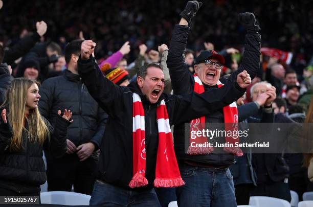 Bristol City fans celebrate the first Bristol City goal during the Emirates FA Cup Third Round match between West Ham United and Bristol City at...