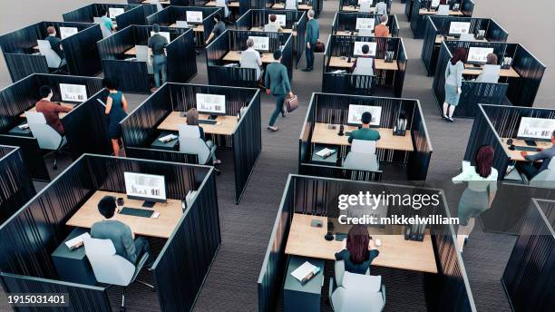 il nuovo panorama dell'ufficio con la configurazione del cubicolo e le persone che lavorano - sicurezza-sul-posto-di-lavoro foto e immagini stock
