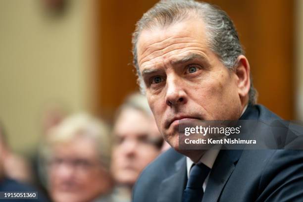 Hunter Biden, son of U.S. President Joe Biden, flanked by Kevin Morris, left, and Abbe Lowell, right, attend a House Oversight Committee meeting on...
