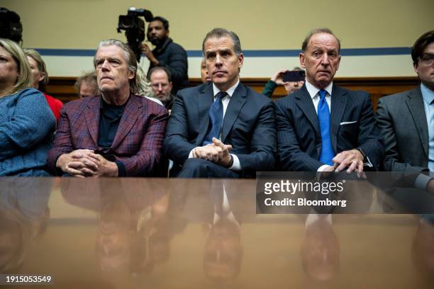 Hunter Biden, son of US President Joe Biden, center, with attorneys Kevin Morris, left, and Abbe Lowell, right, during a House Oversight Committee...