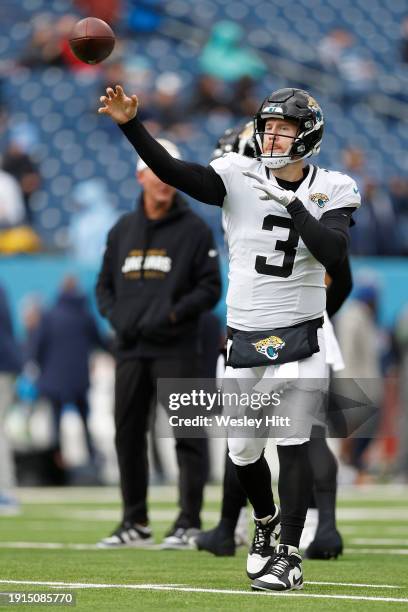 Beathard of the Jacksonville Jaguars warms up before the game against the Tennessee Titans at Nissan Stadium on January 07, 2024 in Nashville,...