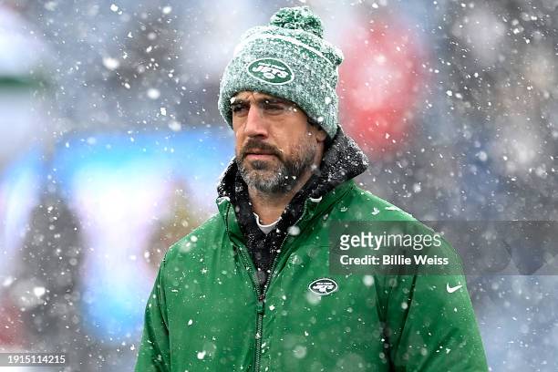 Aaron Rodgers of the New York Jets looks on before a game against the New England Patriots at Gillette Stadium on January 07, 2024 in Foxborough,...