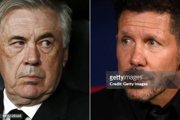 In this composite image a comparison has been made between Carlo Ancelotti of Real Madrid CF and Diego Simeone, Manager of Atletico Madrid. Atletico...