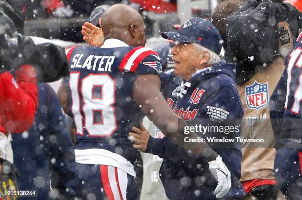 Matthew Slater of the New England Patriots and CEO of the New England Patriots Robert Kraft speak before the game at Gillette Stadium on January 07,...