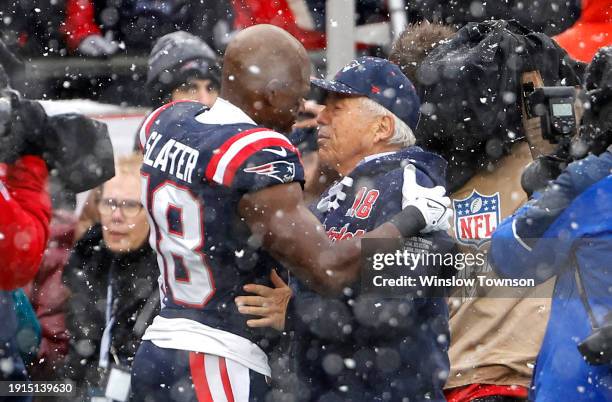 Matthew Slater of the New England Patriots and CEO of the New England Patriots Robert Kraft speak before the game at Gillette Stadium on January 07,...