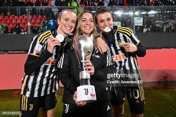 Barbara Bonansea, Martina Rosucci and Cristiana Girelli of Juventus celebrate after the Italian Women Super Cup match between AS Roma and Juventus at...