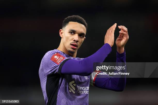 Trent Alexander-Arnold of Liverpool reacts during the Emirates FA Cup Third Round match between Arsenal and Liverpool at Emirates Stadium on January...