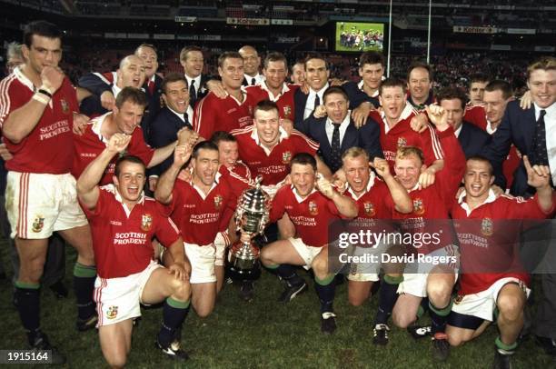 The victorious British Lions team celebrate after the third test match against South Africa at Ellis Park in Johannesburg, South Africa. South Africa...